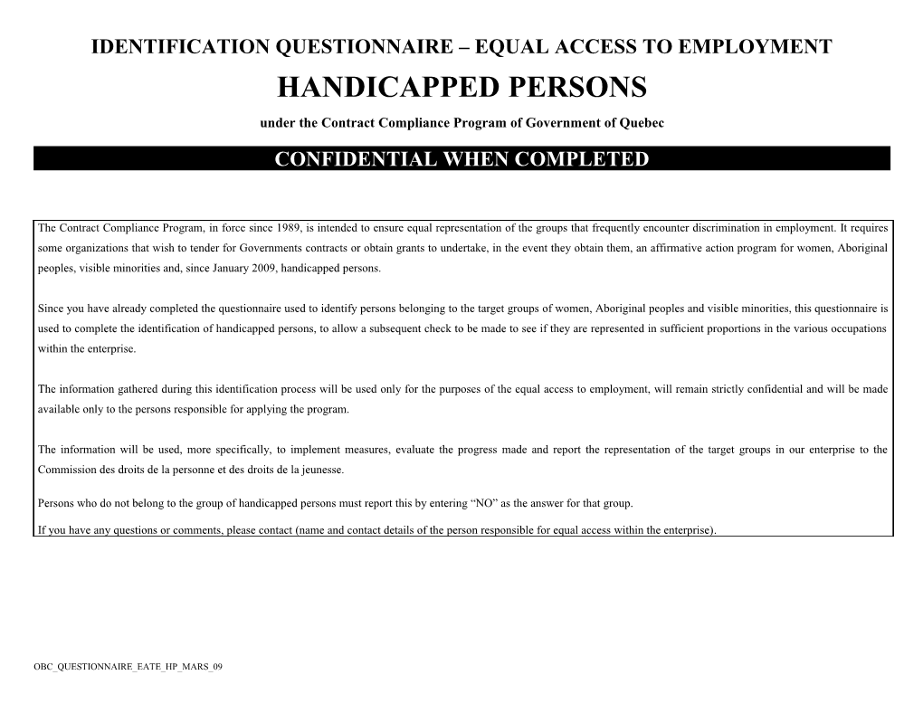 Identification Questionnaire Equal Access to Employment