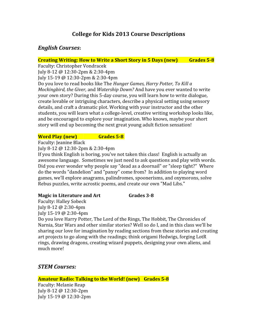 College for Kids 2013 Course Descriptions