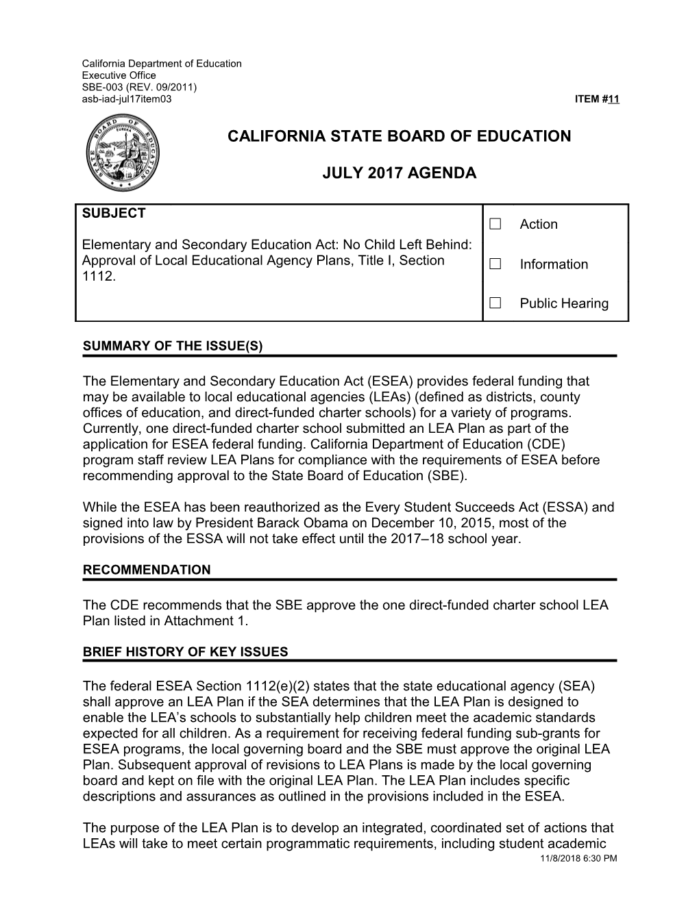 July 2017 Agenda Item 11 - Meeting Agendas (CA State Board of Education)