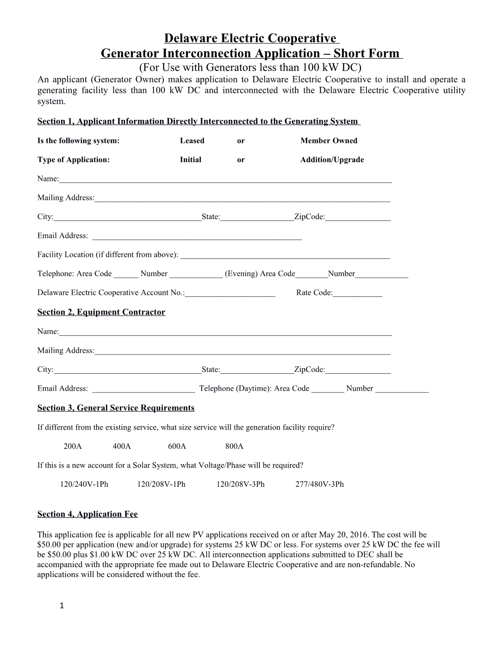 Generator Interconnection Application Short Form