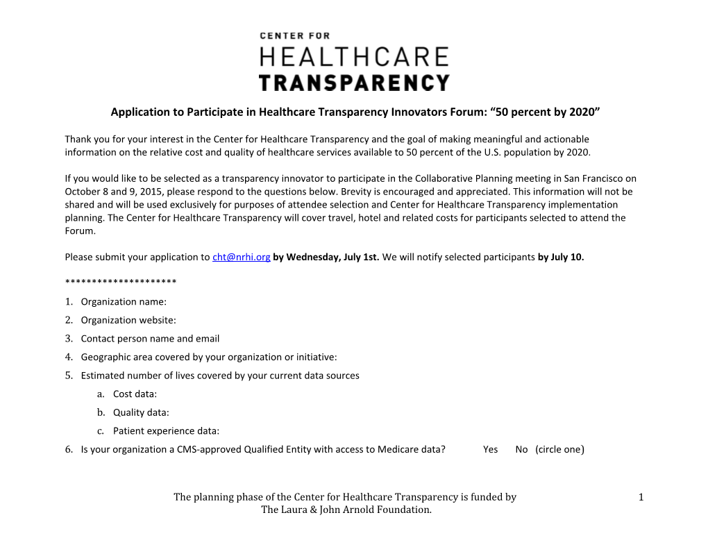 Application to Participate in Healthcare Transparency Innovators Forum: 50 Percent by 2020