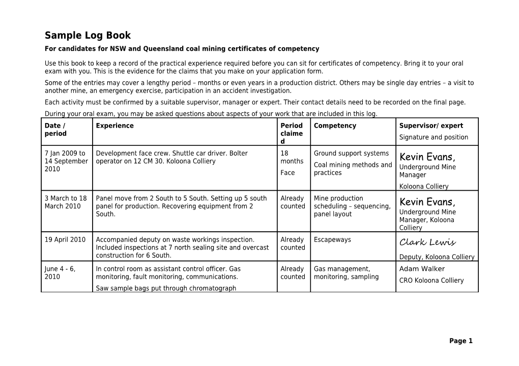 Sample Log Book