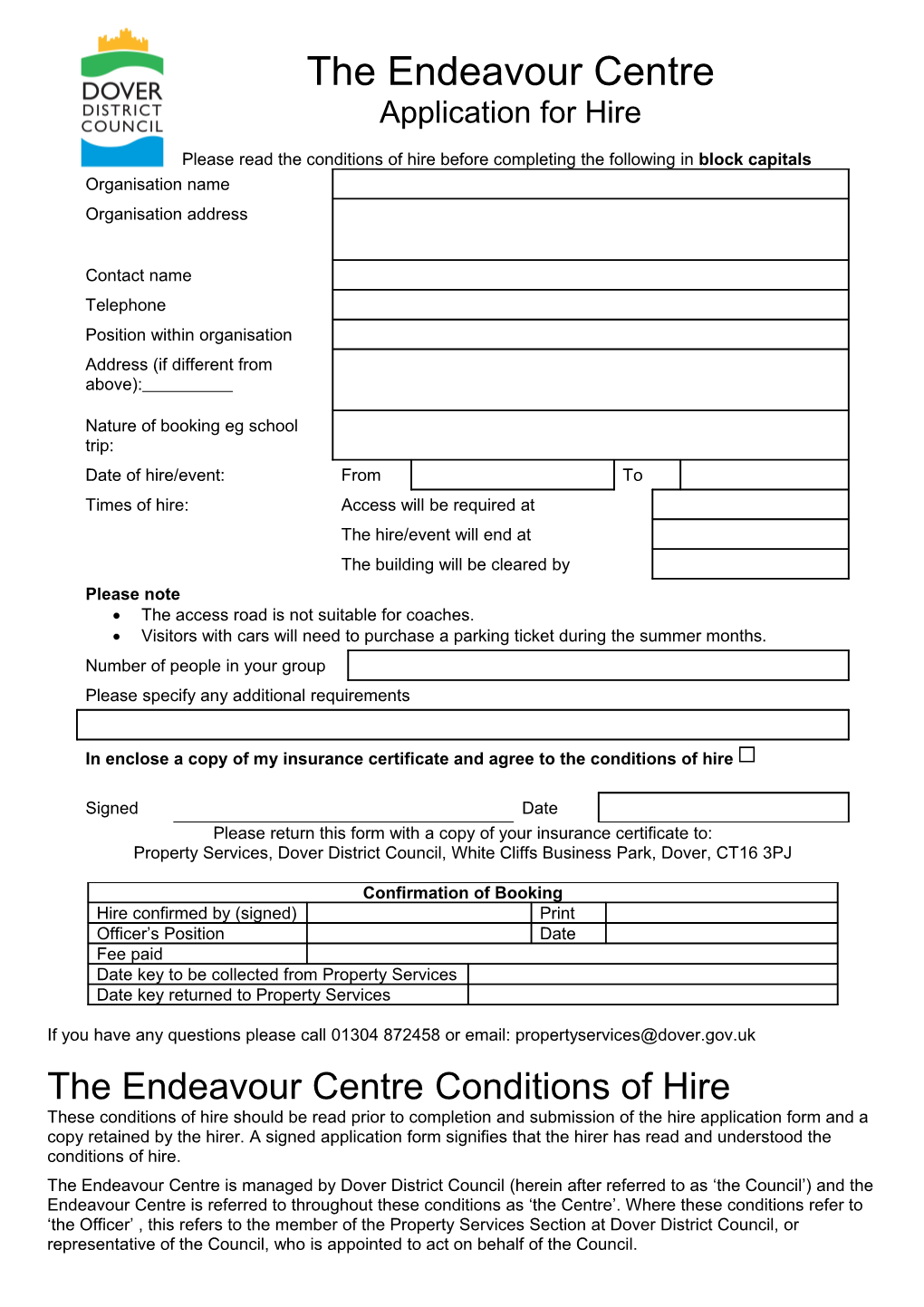 Application Form to Book the Endeavour Centre