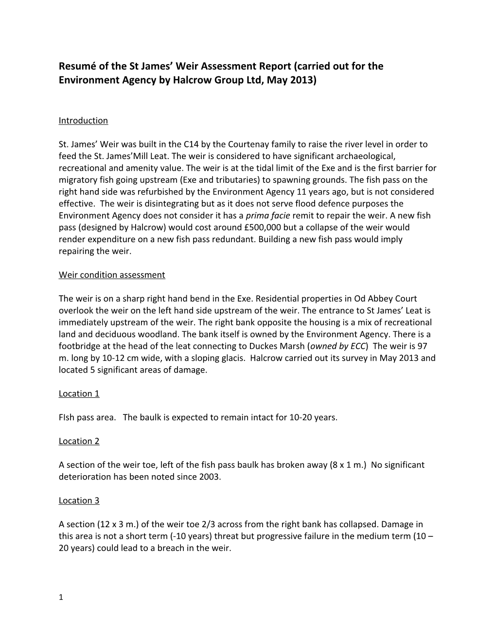 Resumé of the St James Weir Assessment Report (Carried out for the Environment Agency