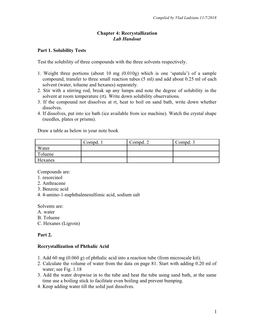 Part 1. Solubility Tests