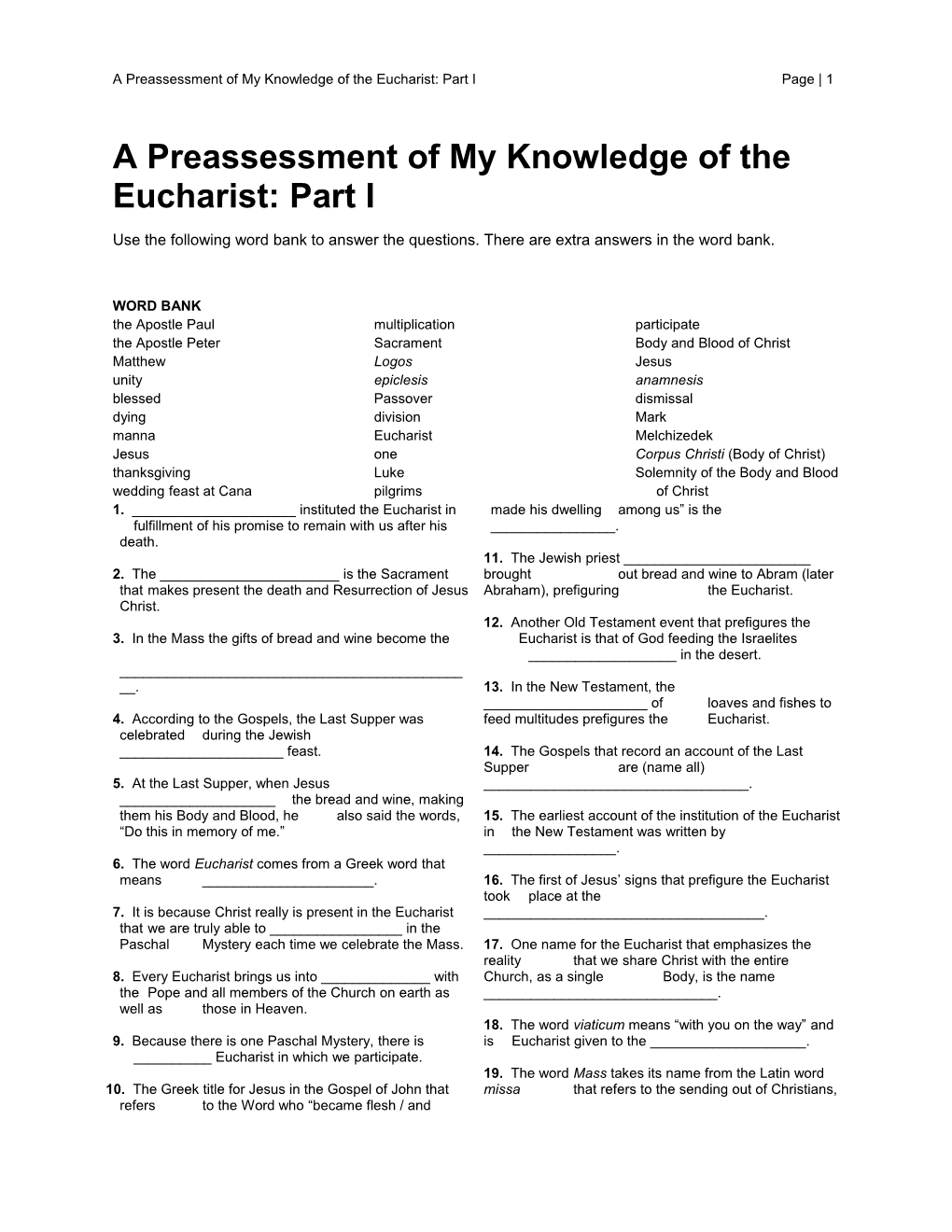 A Preassessment of My Knowledge of the Eucharist: Part I