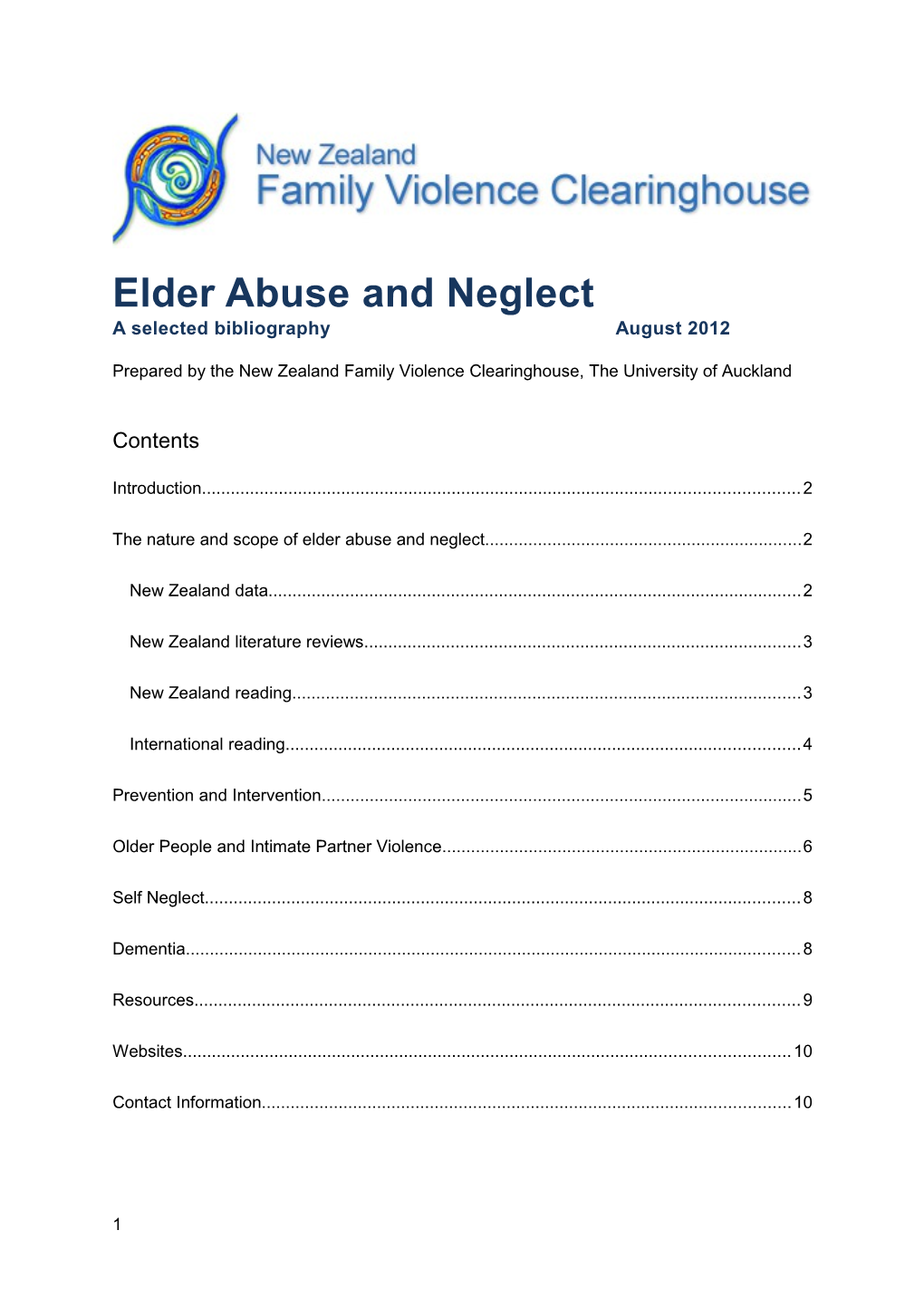 Elder Abuse and Neglect a Selected Bibliographyaugust 2012