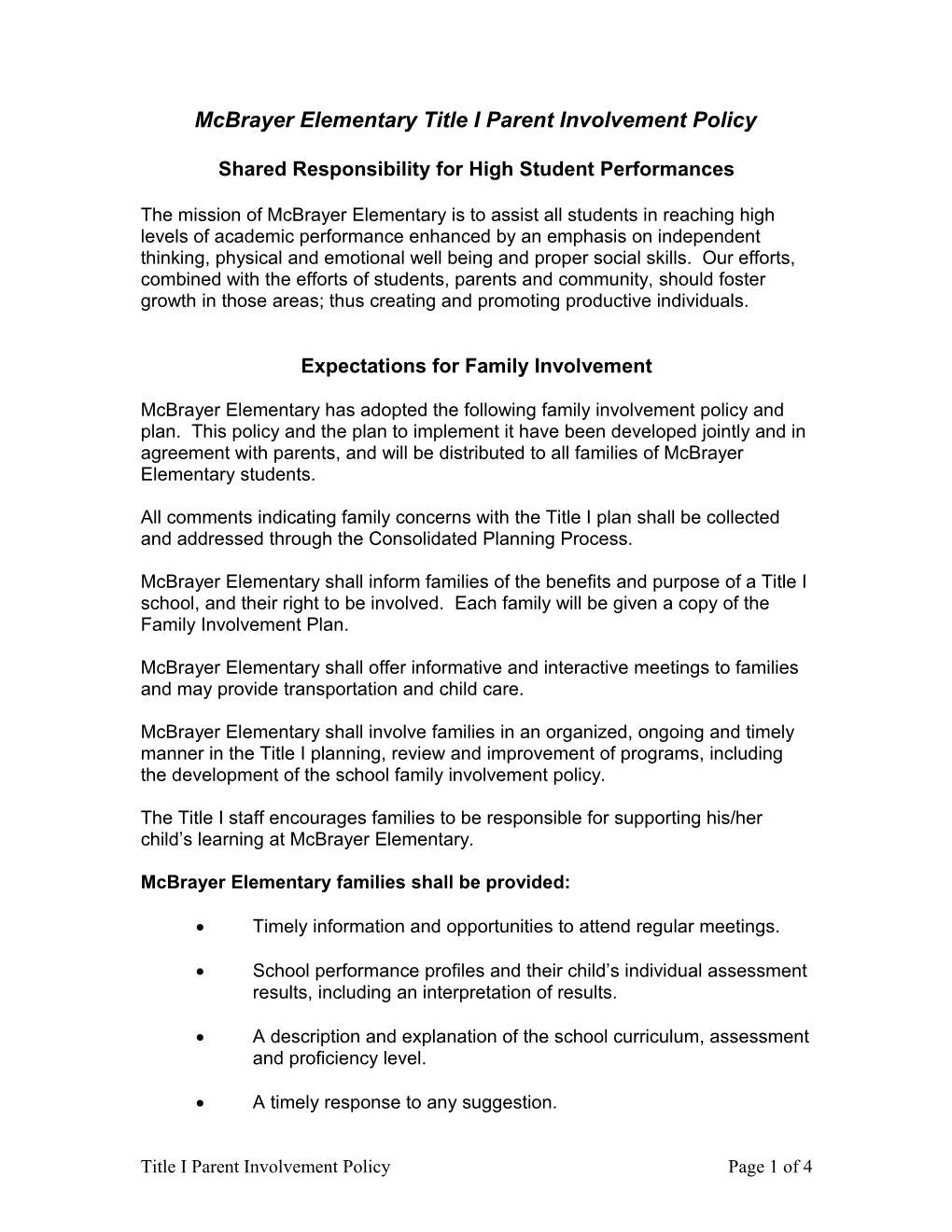 Mcbrayer Elementary Title I Parent Involvement Policy