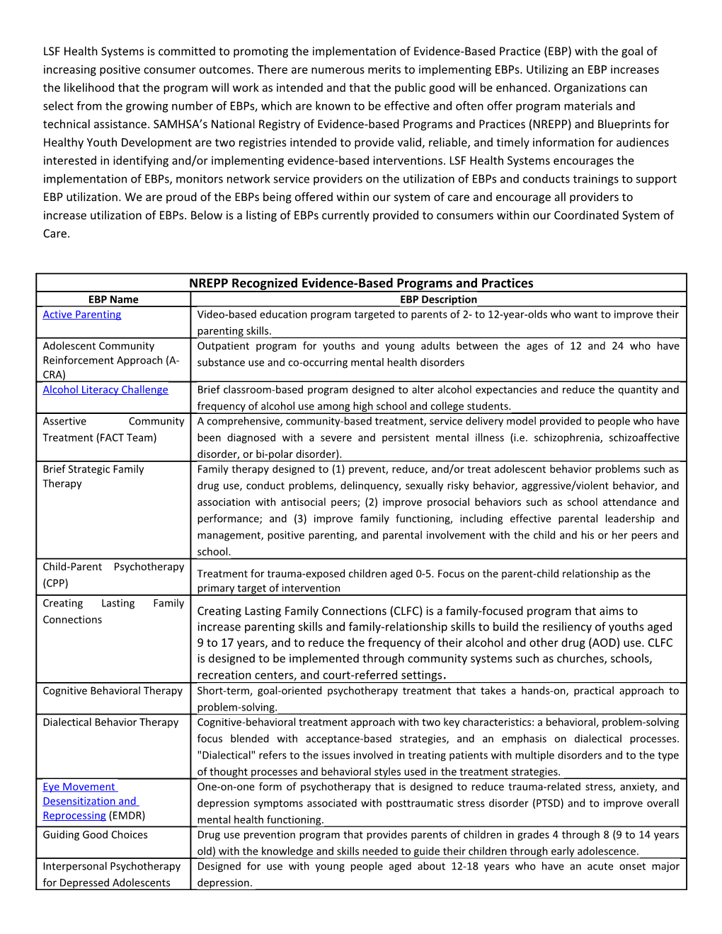 LSF Health Systems Is Committed to Promoting the Implementation of Evidence-Based Practice