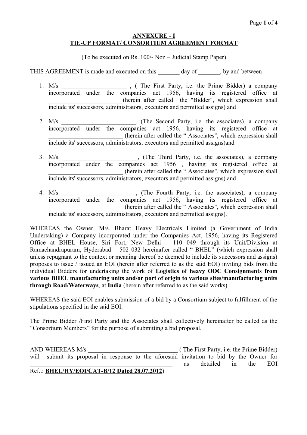 Tie-Up Format/ Consortium Agreement Format