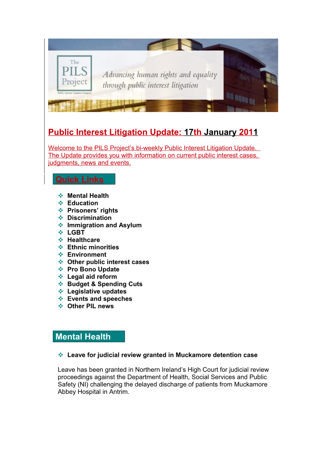 Public Interest Litigation Update: 17Th January 2011