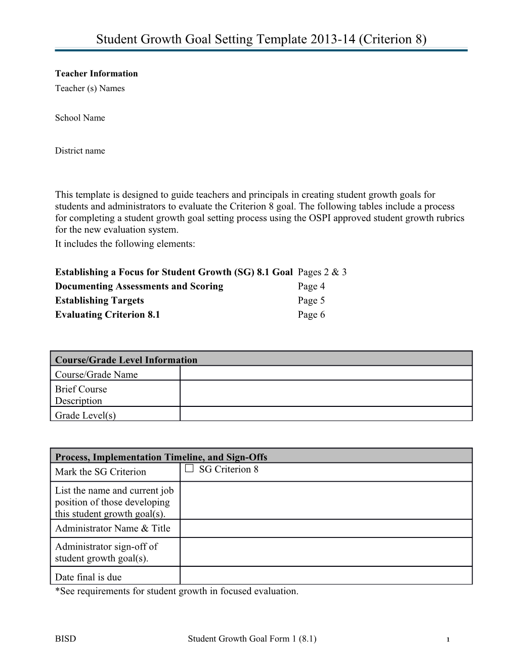 Student Growth Goal Setting Template 2013-14 (Criterion 8)