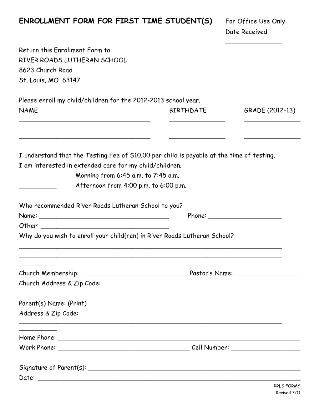 Enrollment Form for First Time Student(S)