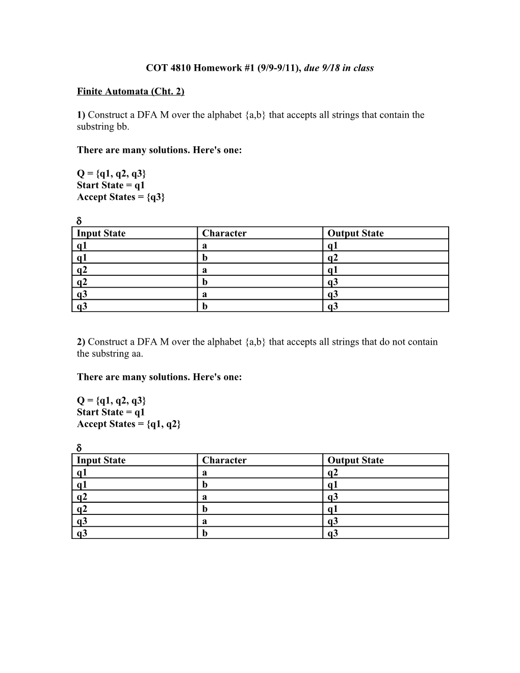 COT 4810 Homework #1 (9/9-9/11), Due 9/18 in Class