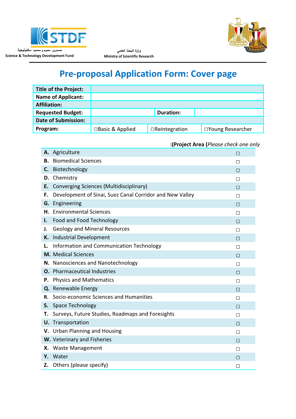 Pre-Proposalapplication Form: Cover Page