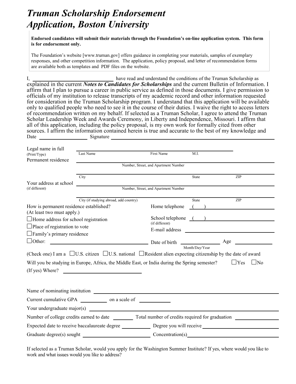 Truman Scholarship Endorsement Application, Boston University