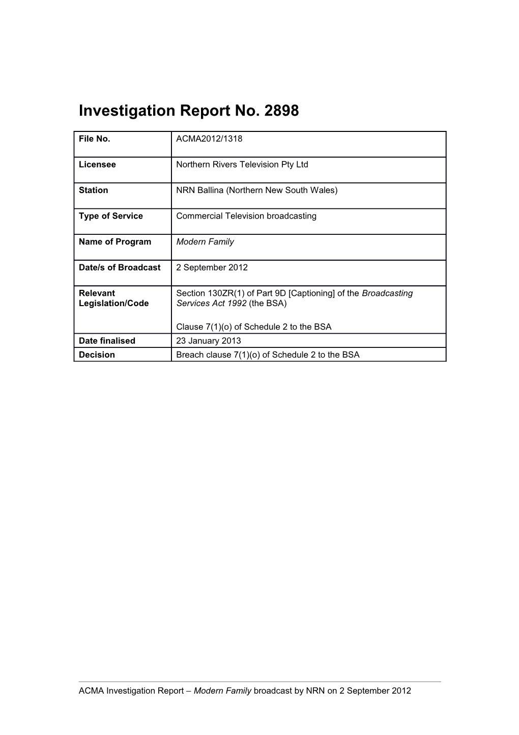 Investigation Report No. 2898