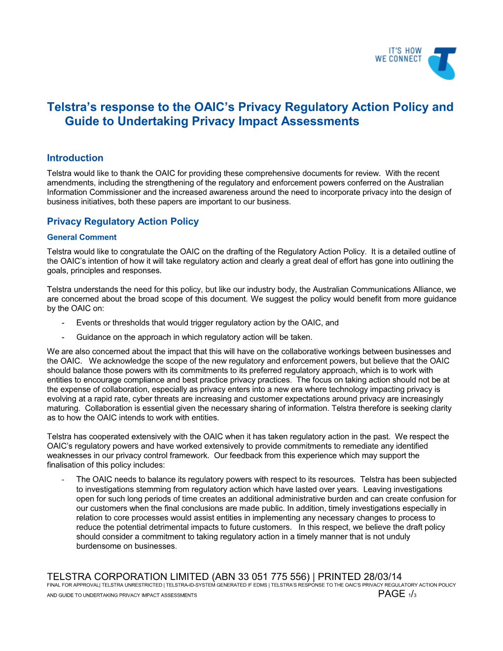 Telstra S Response to the OAIC S Privacy Regulatory Action Policy and Guide to Undertaking