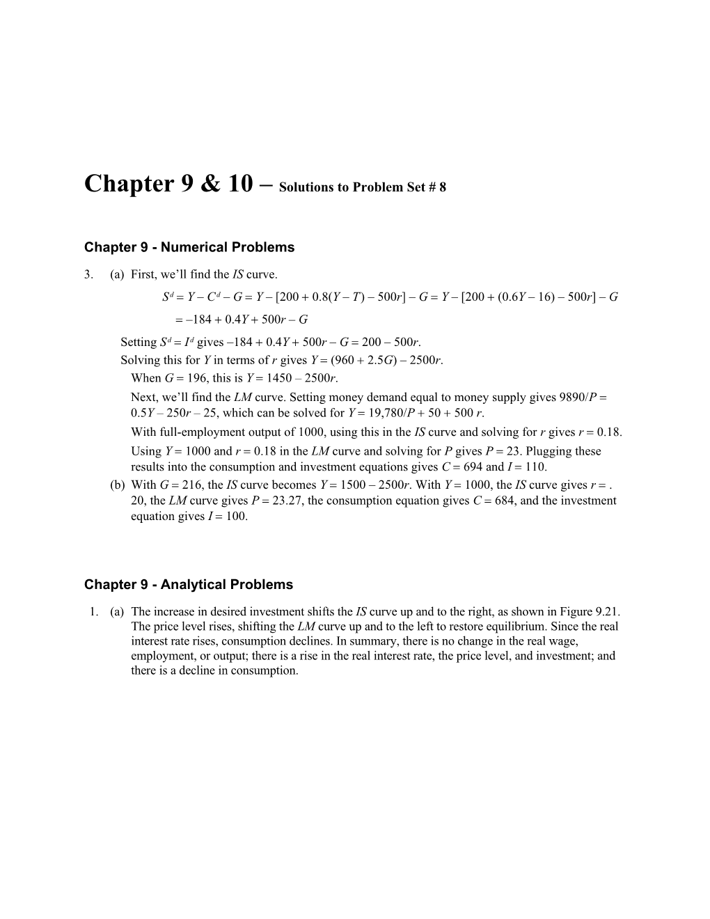 Chapter 9 & 10 Solutions to Problem Set # 8