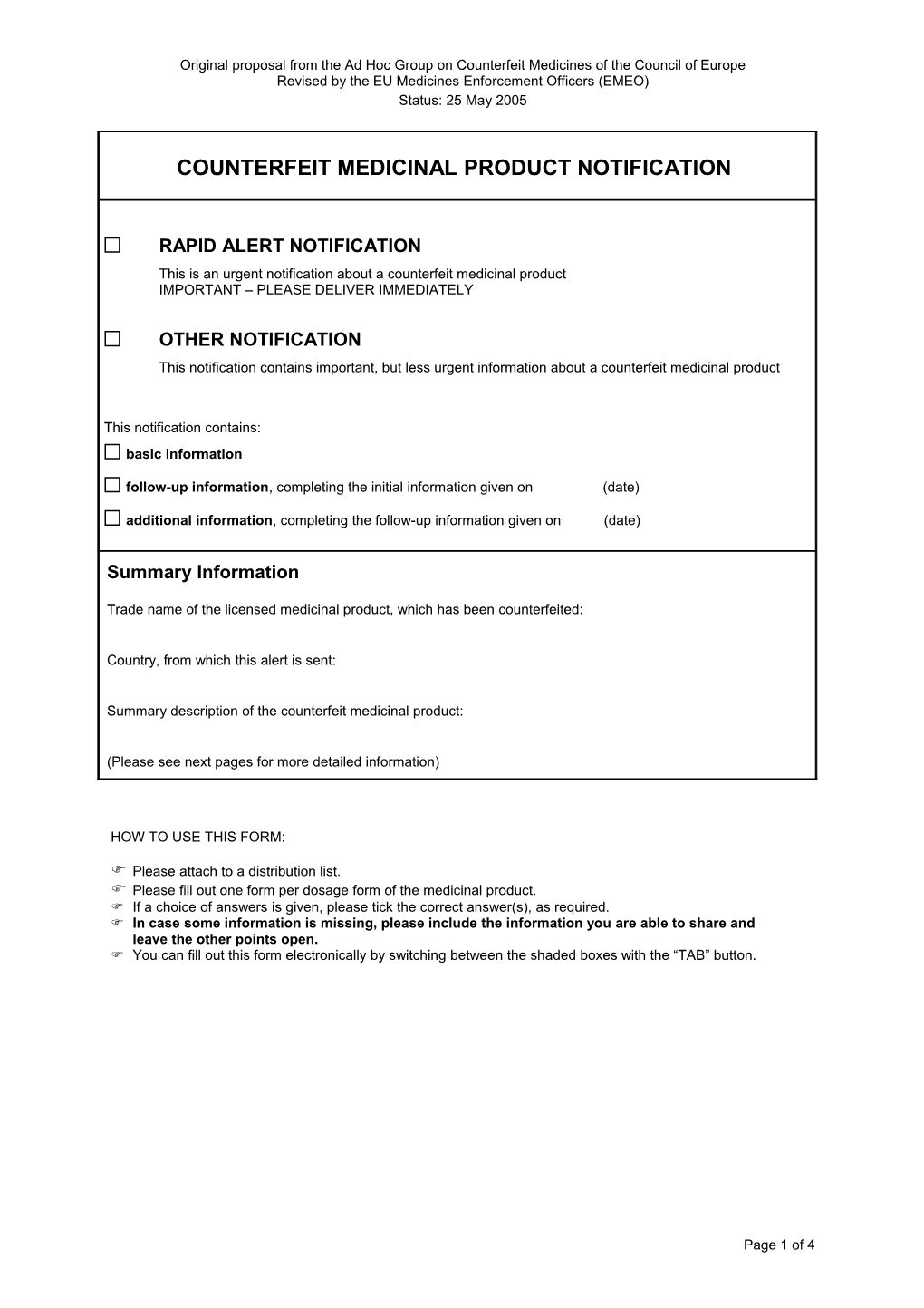 Original Proposal from the Ad Hoc Group on Counterfeit Medicines of the Council of Europe