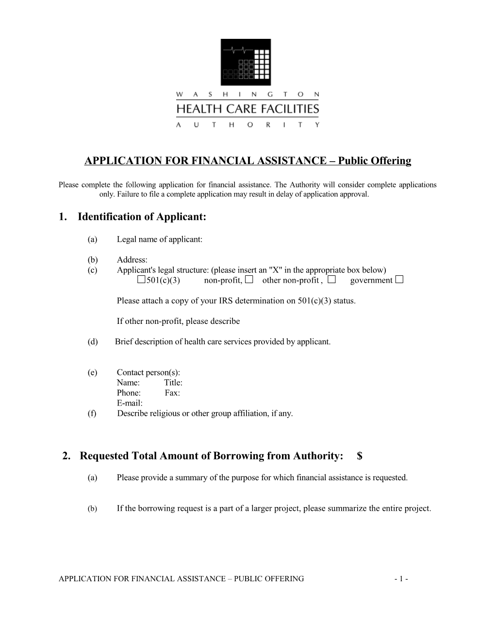 APPLICATION for FINANCIAL ASSISTANCE Public Offering