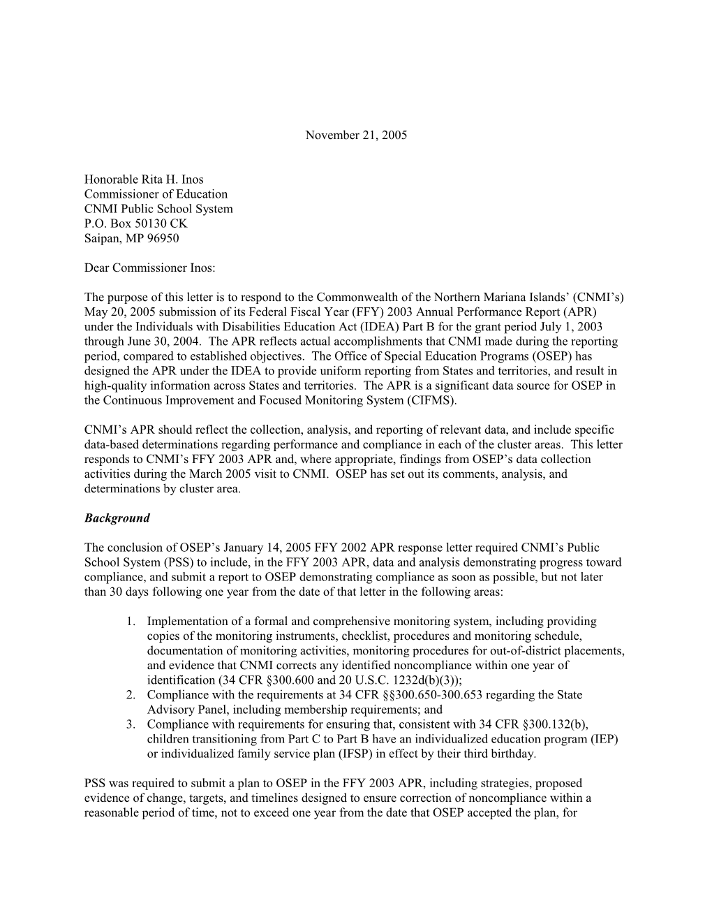 Northern Mariana Islands Part B Letter for Grant Year 2003-2004 (Msword)