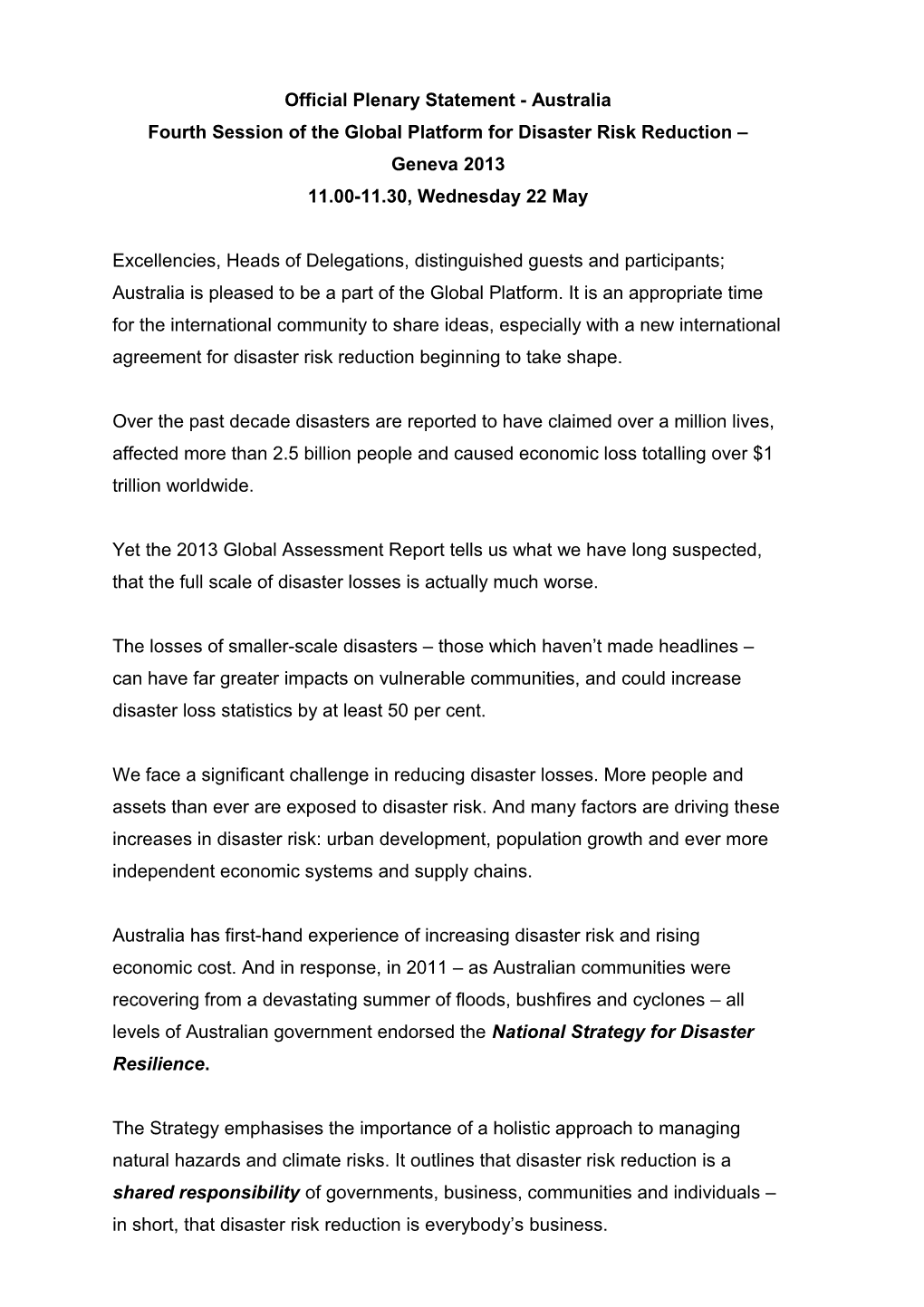 Official Plenary Statement - Australia