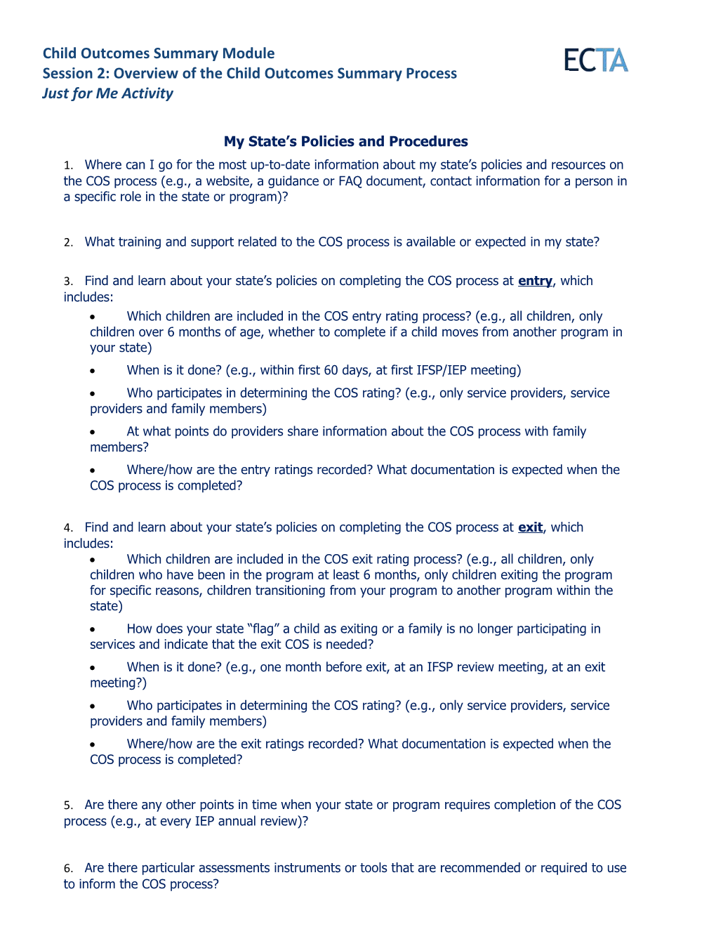 Session 2: Overview of the Child Outcomes Summary Process