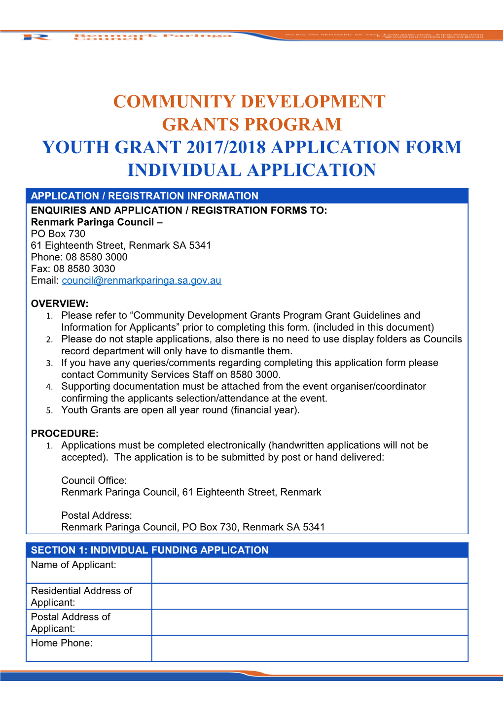 Community Development Grants Program Youth Grant 2017/2018 Application Form Individual