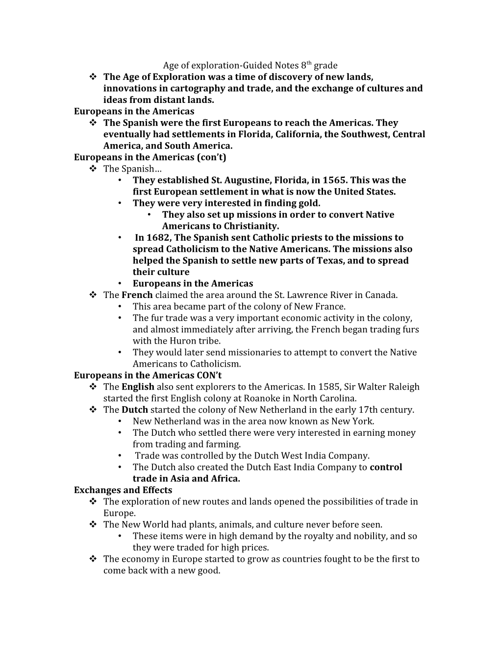 Age of Exploration-Guided Notes 8Th Grade