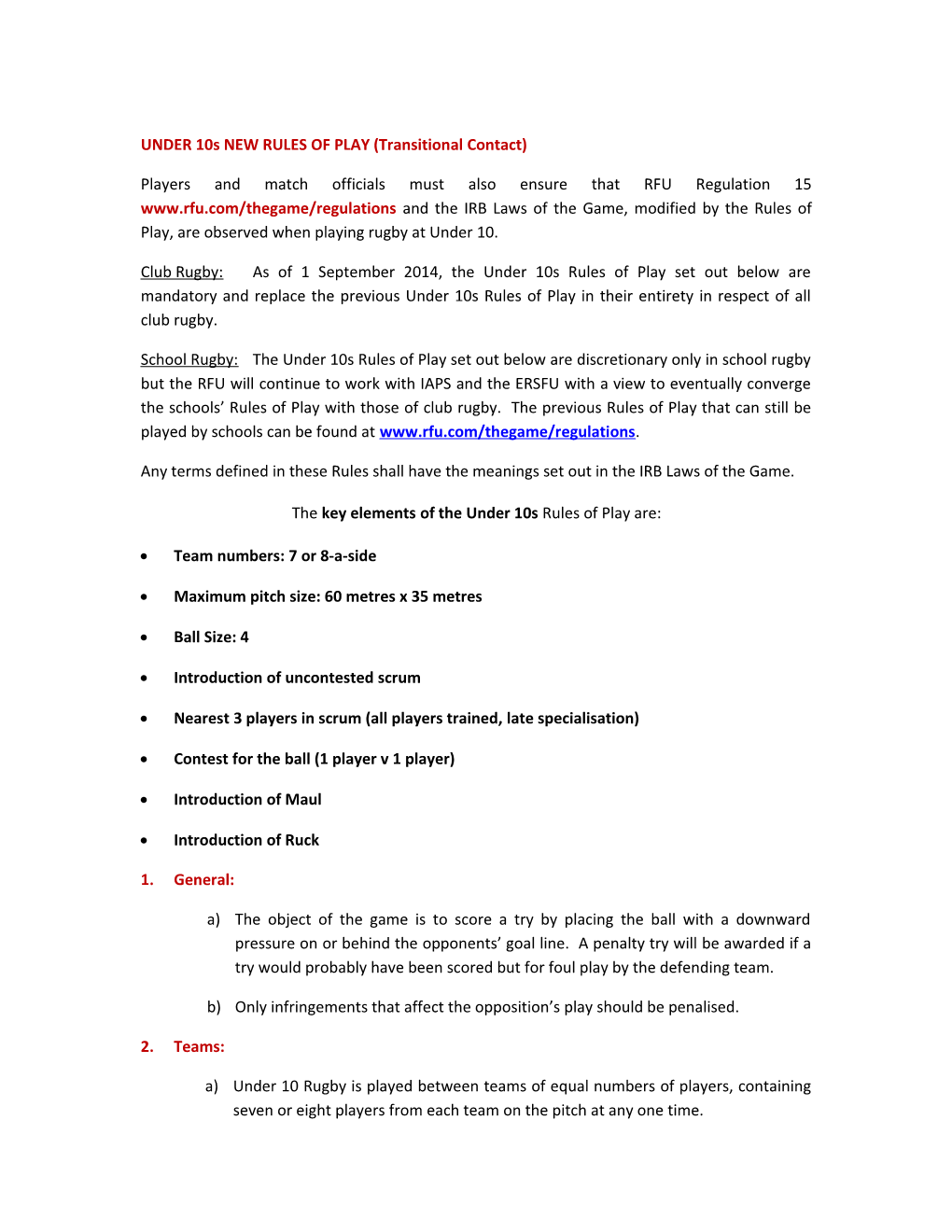 UNDER 10S NEW RULES of PLAY (Transitional Contact)