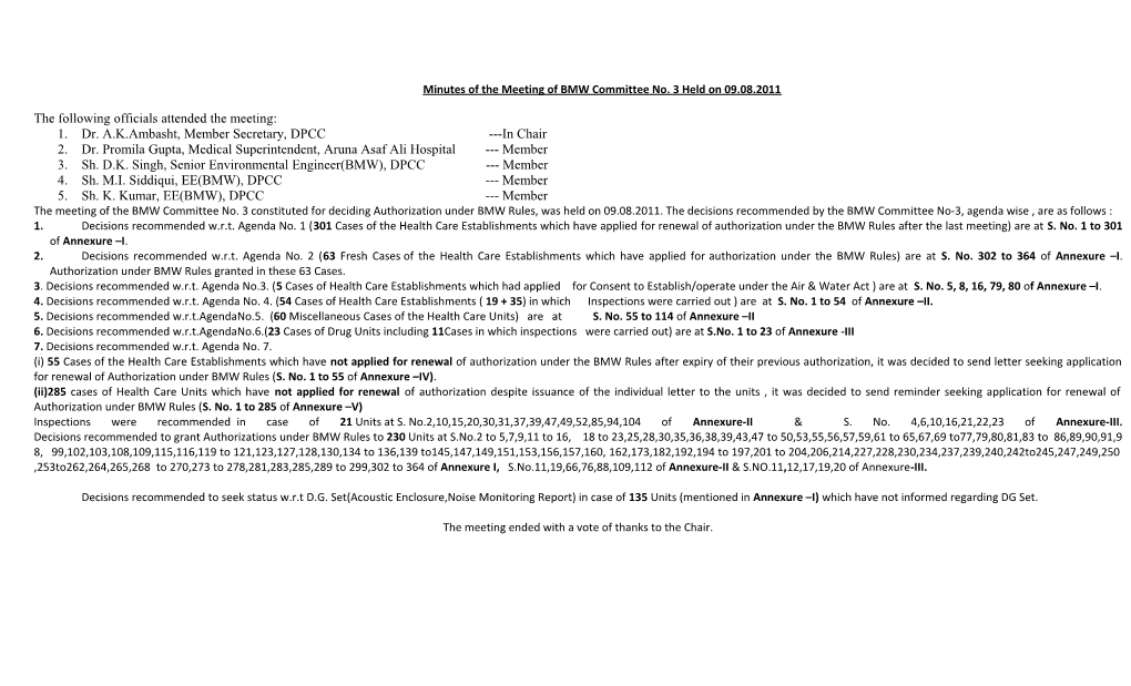 Minutes of the Meeting of BMW Committee No. 3 Held on 09.08.2011