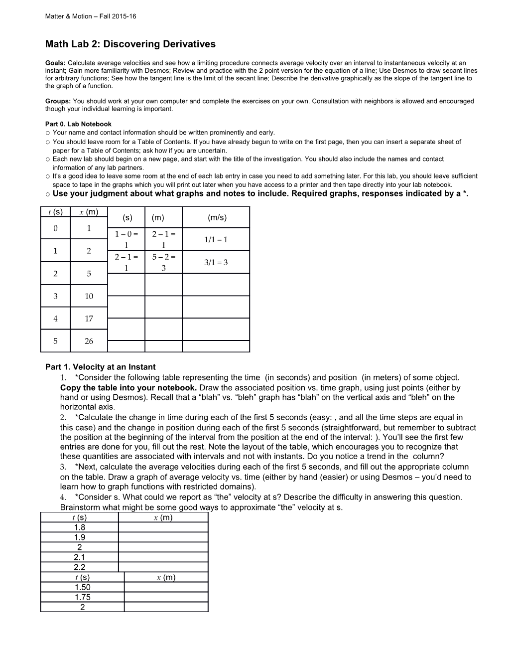 Math Lab 2: Discovering Derivatives