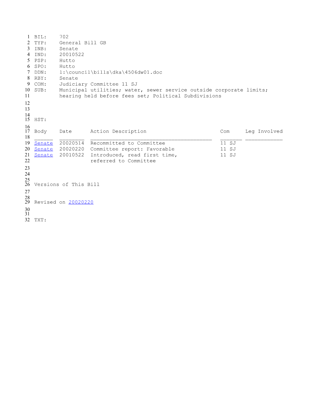 2001-2002 Bill 702: Municipal Utilities; Water, Sewer Service Outside Corporate Limits;