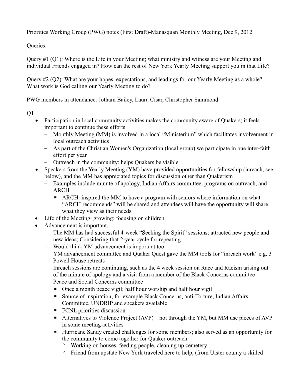 Priorities Working Group (PWG) Notes (First Draft)-Manasquan Monthly Meeting, Dec 9, 2012