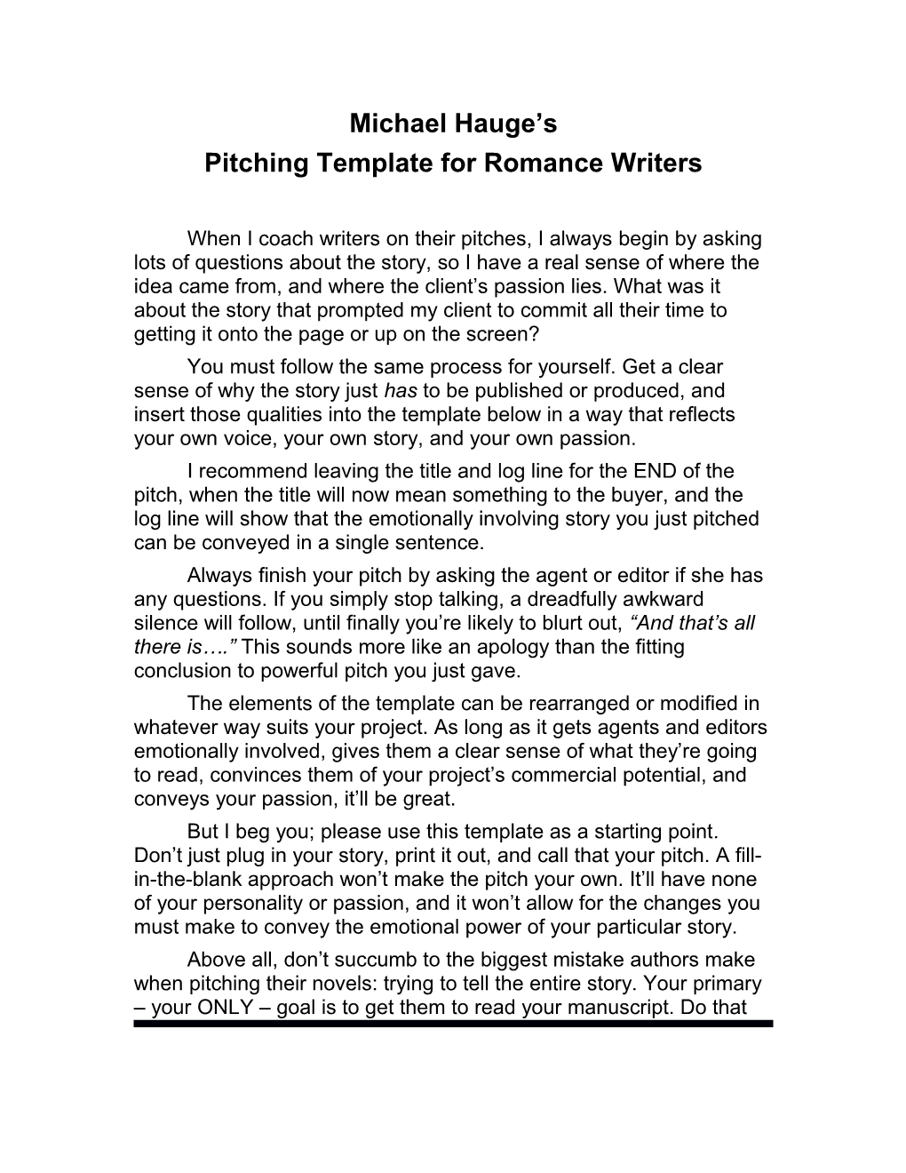 Pitching Template for Romance Writers