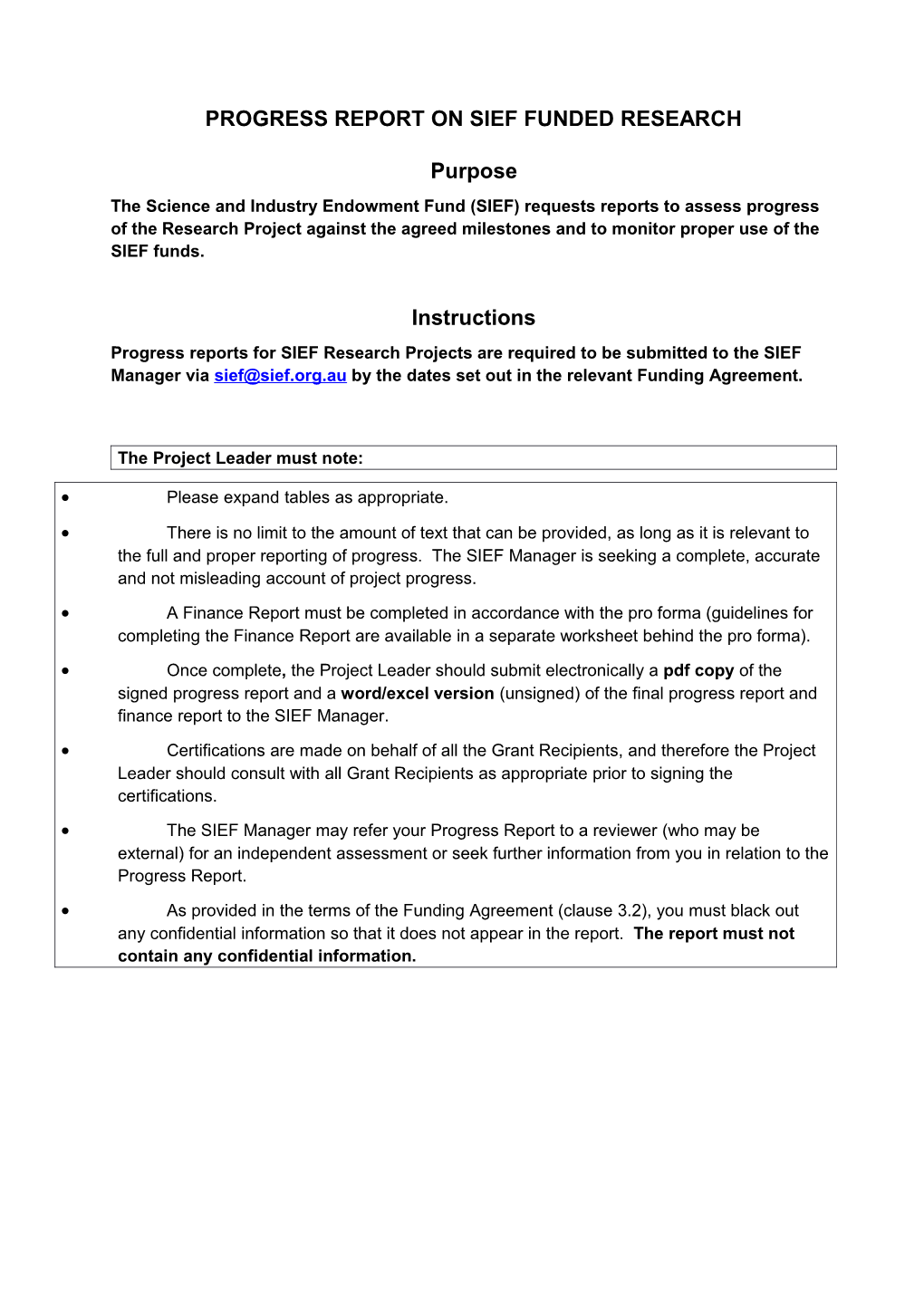 SIEF Projects Progress Report Template TEMPLATE
