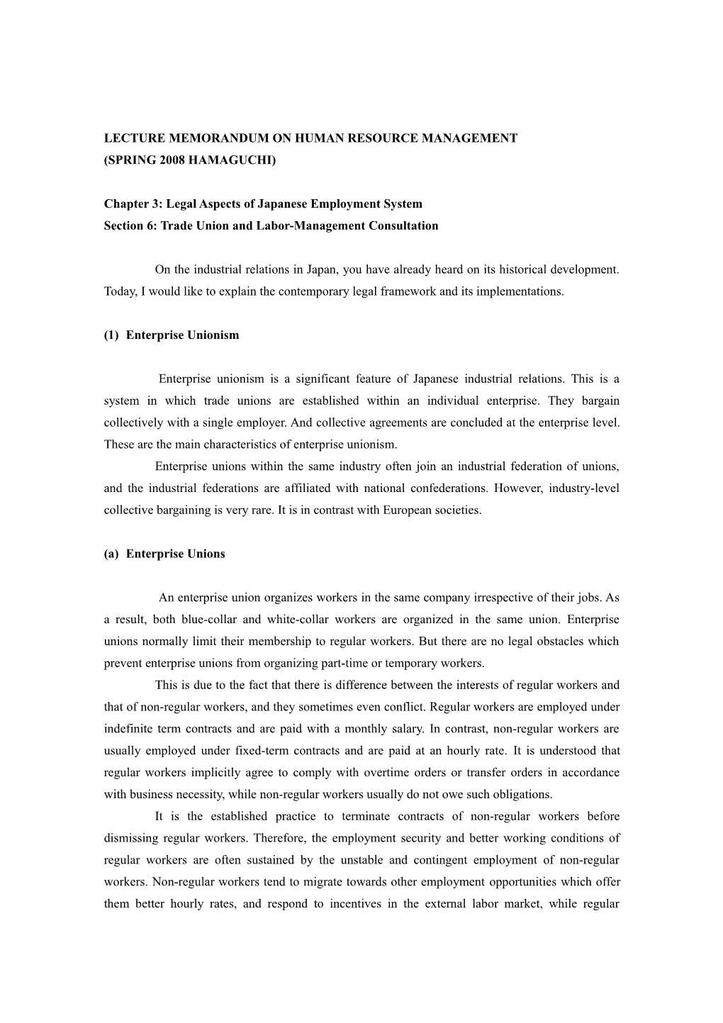 Lecture Memorandum on Labor Policy (Winter 2005)