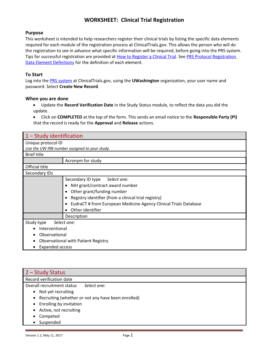 WORKSHEET: Clinical Trial Registration