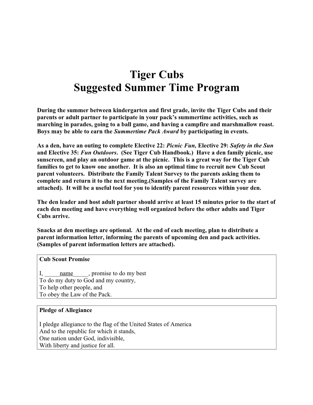 Suggested Summer Time Program