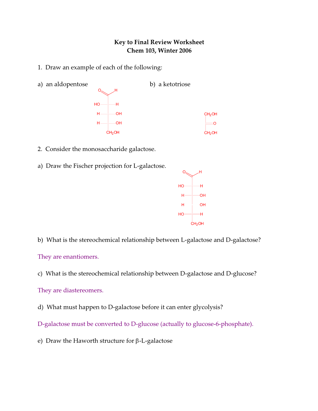 Key to Final Review Worksheet