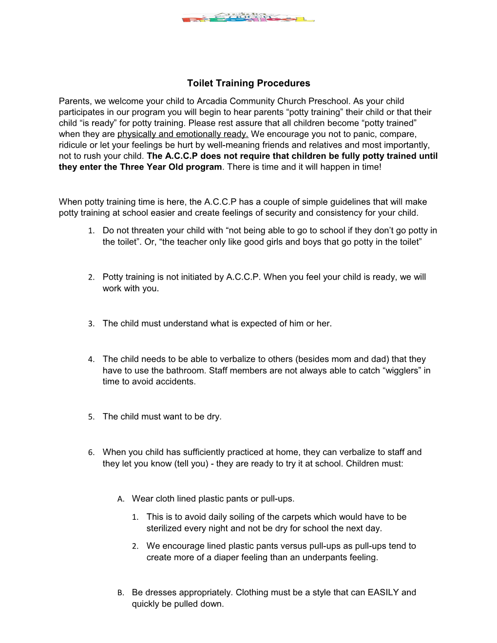 Toilet Training Procedures