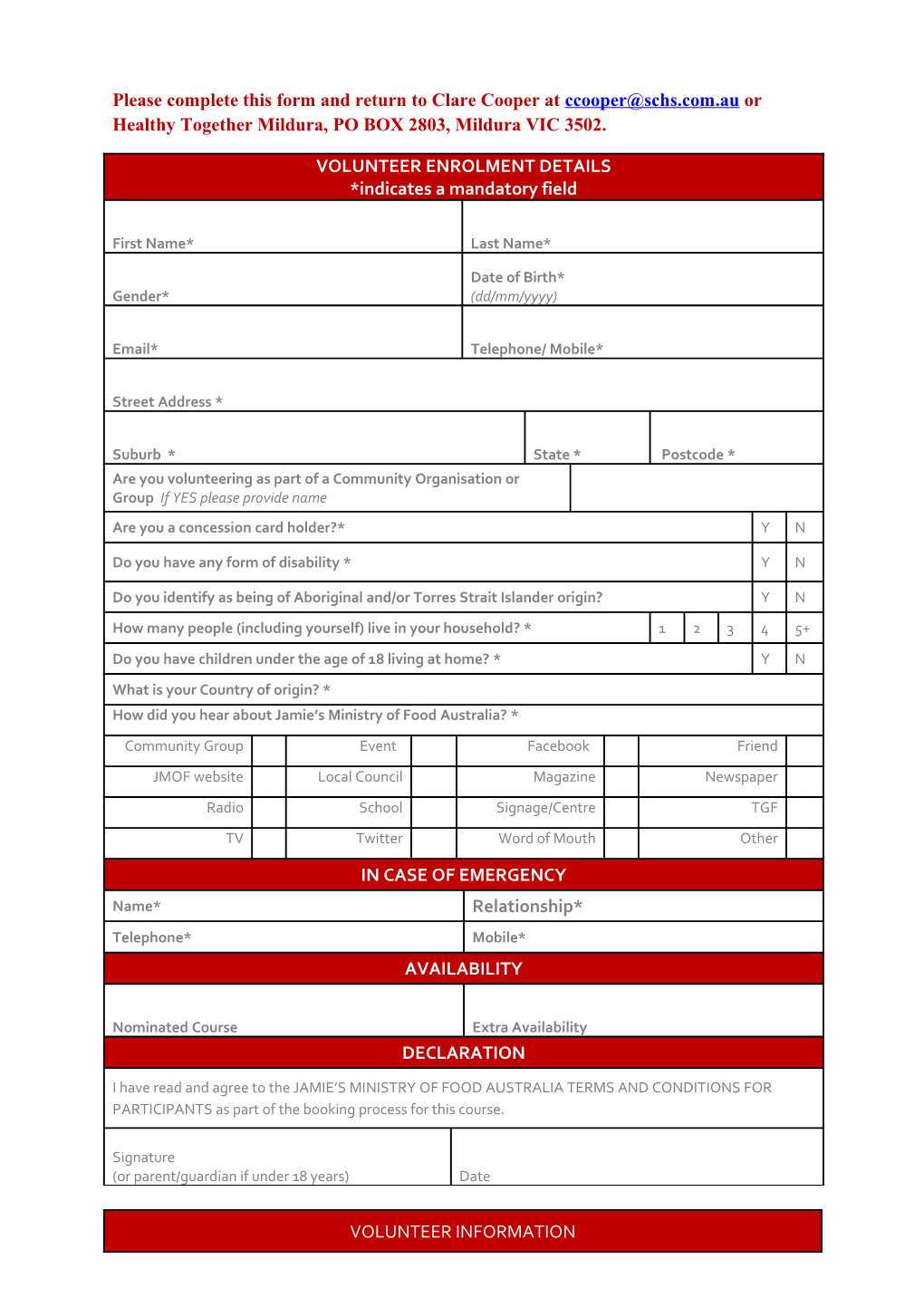 Please Complete This Form and Return to Clare Cooper at Ccooper Schs