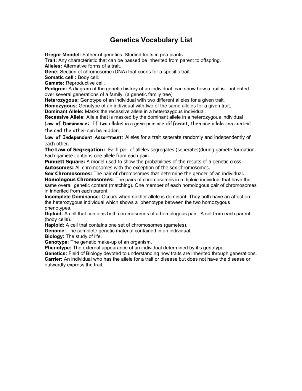 Genetics Vocabulary List