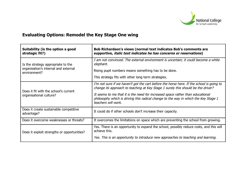 Evaluating Options: Remodel the Key Stage One Wing