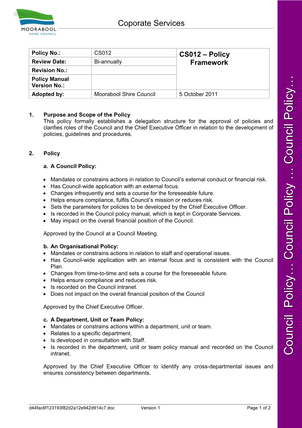 CS012 Policy Framework