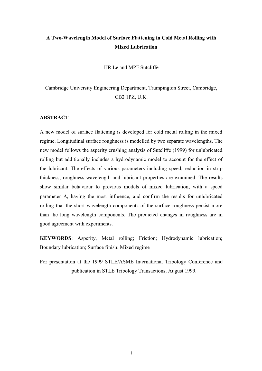 A New Model of Surface Flattening in Cold Metal Rolling with Mixed Lubrication