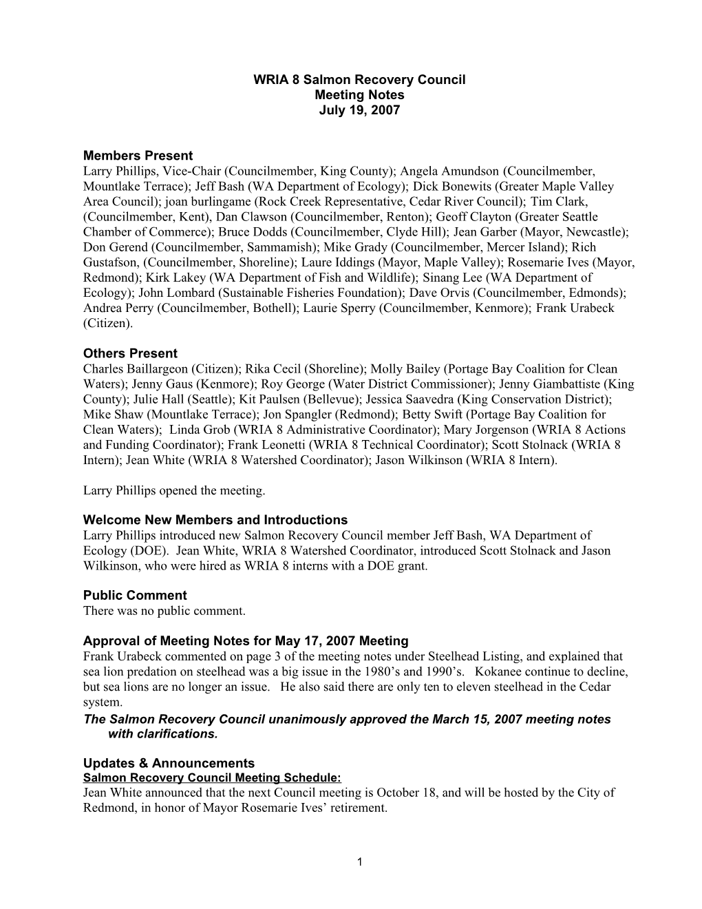 WRIA 8 Salmon Recovery Council Meeting Summary 7/19/07