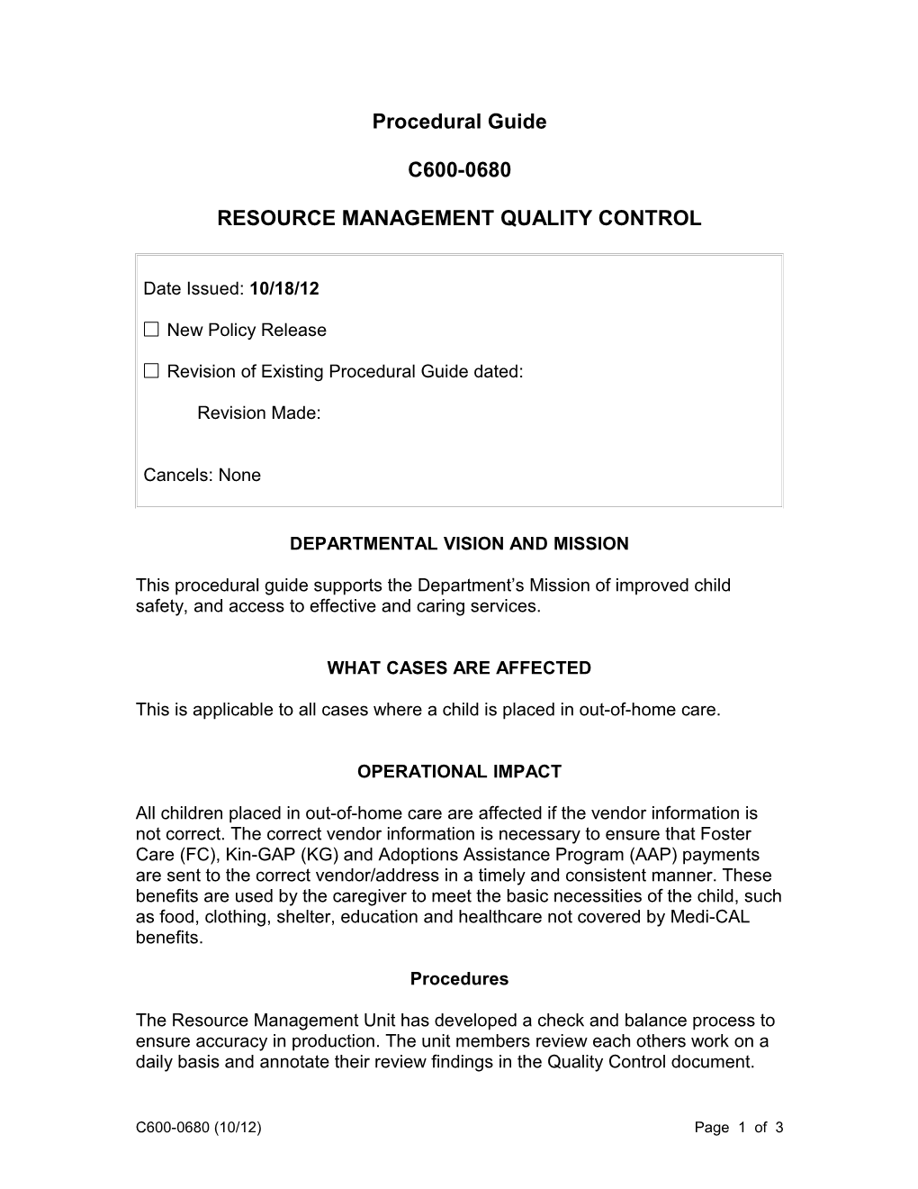 C600-0680, Resource Management Quality Control