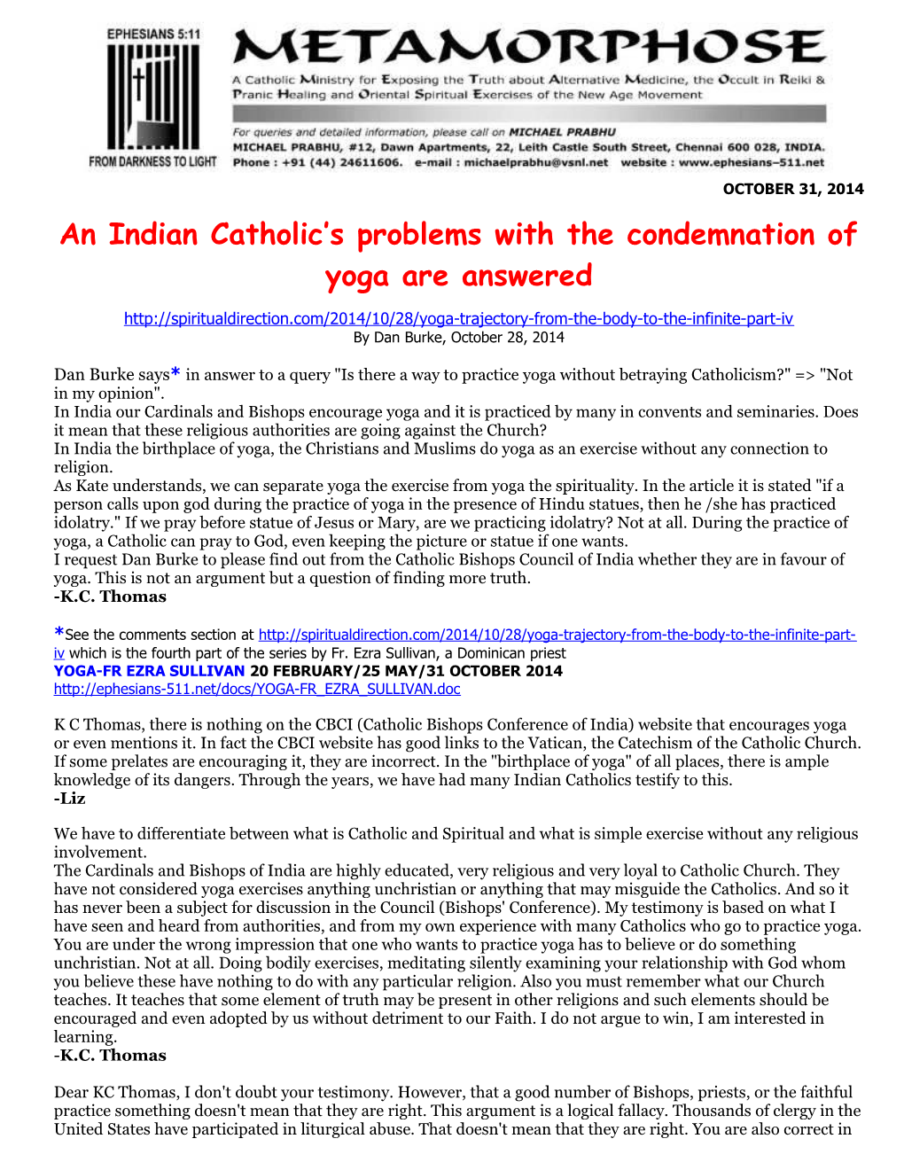 An Indian Catholic S Problems with the Condemnation of Yoga Are Answered
